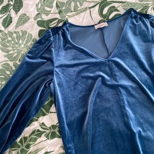 LOFT Blue Velvet V-Neck Long Sleeve Top